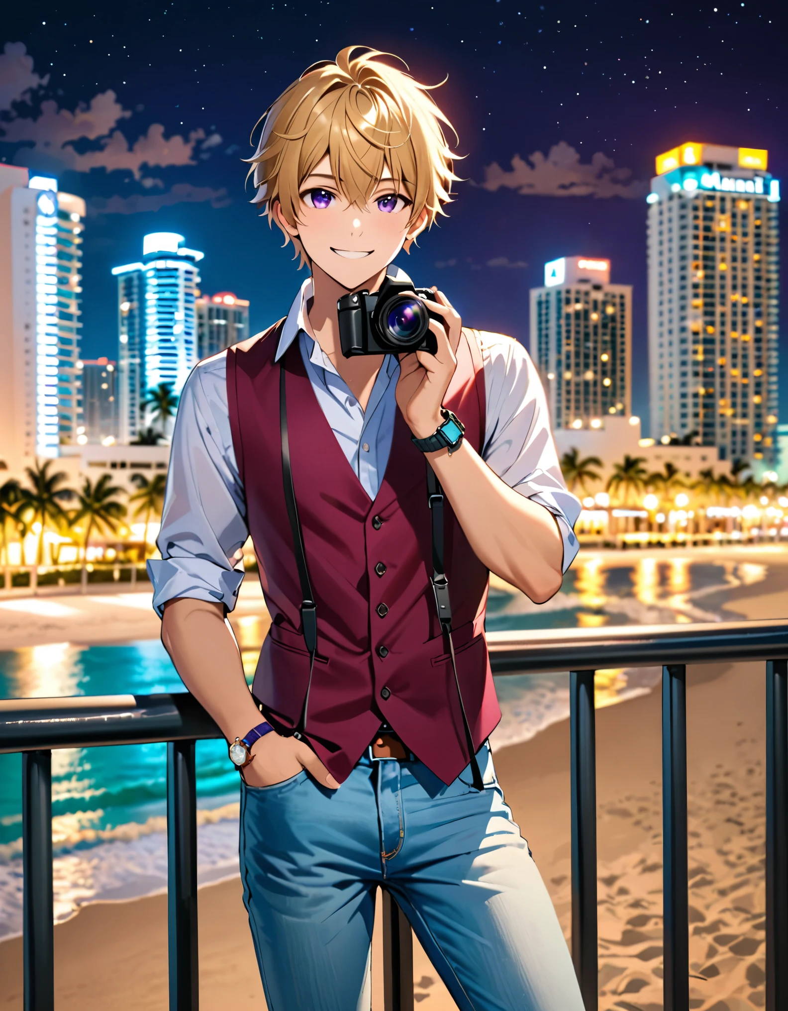 (masterpiece), (best quality), (hires), 1boy, blonde hair, purple eyes, (lora:perfect hands:1), holding digital camera, full body, male focus, jeans, shirt, shoes, smile, solo, standing, watch, wristband, wristwatch, sleeveless vest, reporter, photographer, reporter's ID card hanging on his neck, age 22, charming smile, cute face, leaning near a balcony railing, Miami beach backdrop, night, outdoors, festive atmosphere, cowboy shot, relaxed pose, smooth lighting.