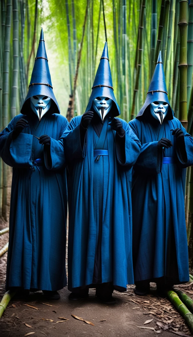 apanese horror movie poster, blue humanoid monsters wearing dark robes and conical hats in a bamboo forest, shot in the style of Canon EOS-5D Mark IV--ar 9:16--v 6.0