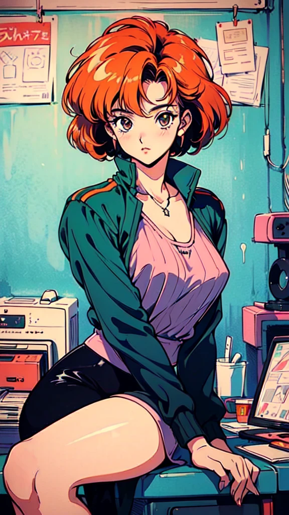 (80's, Retro, Poster:1.5), (masterpiece, 最high quality), (anime, figure), (pastel colour:1.4), Best Photo Poses, Dynamic Angle, high quality, High resolution, Attention to detail, Haruka is short, Shiny orange hair, Sharp brown eyes behind glasses, calm attitude. She is often seen looking immaculate in her .。, arrogant, above knees picture 80’s anime vintage style, Gray background