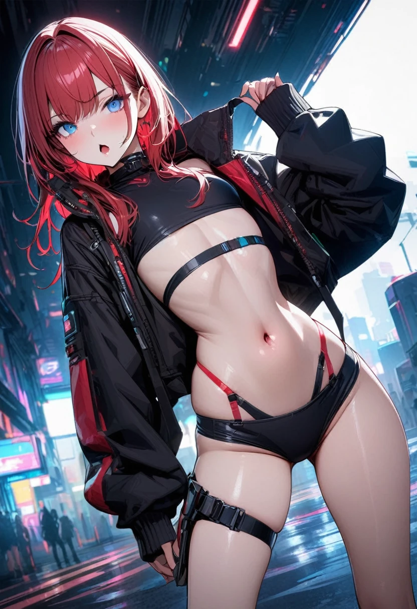 (8K、Highest image quality、highest quality、masterpiece)、detailed face、1 girl、Red hair、twintails、hair between eyes、blue eyes、pointed ears、evil smile、tooth、open your mouth and laugh、small breasts、((black micro bikini))、thighs、sit、whole body、Take from below、Back alley background at night、