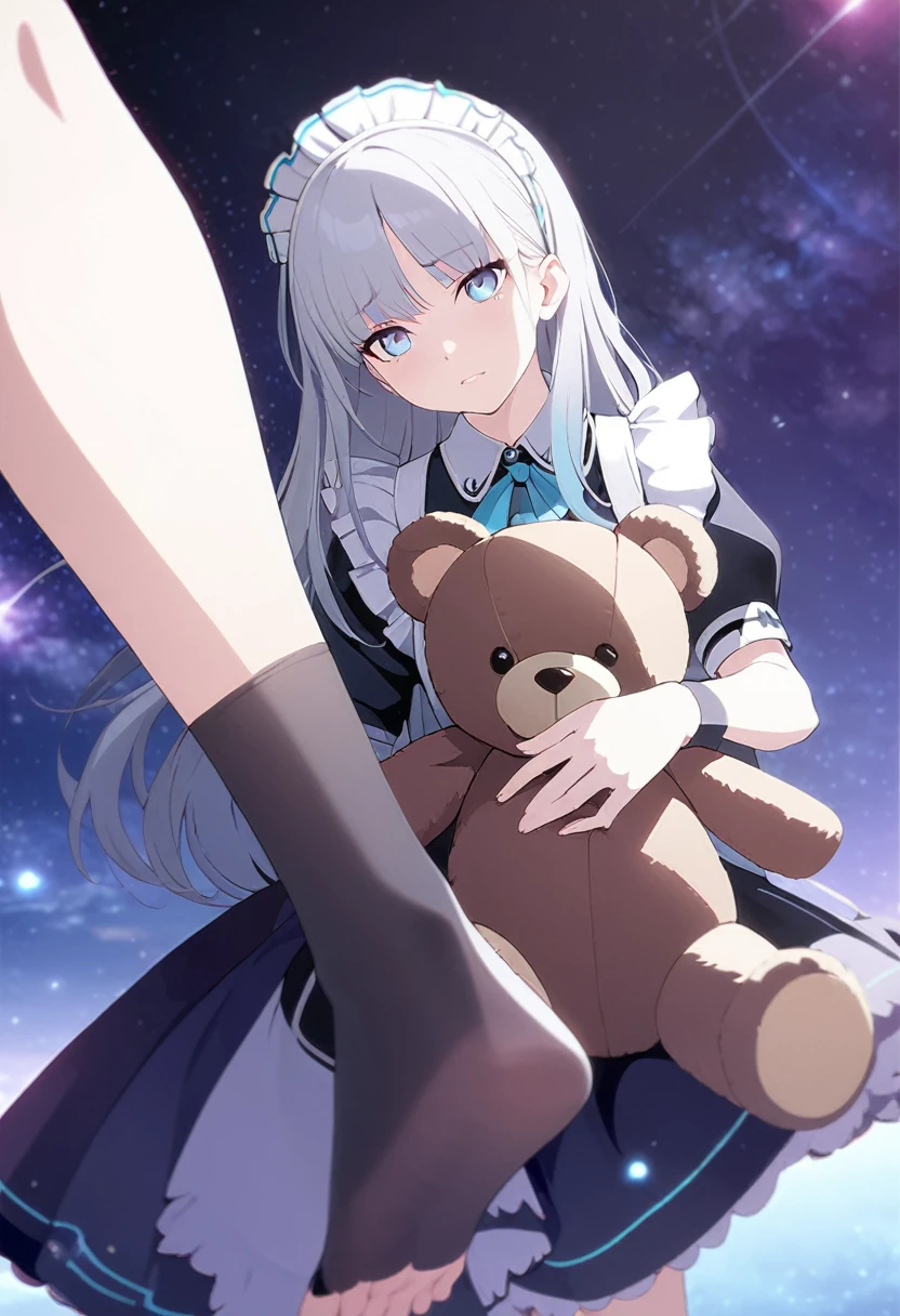 (((masterpiece))), (((best quality))),(((high detail))),light manipulation, girl with long silver hair, gradient purple to sky blue eyes, wearing a maid outfit, galaxy background, holding a teddy bear, feet, no footwear, straight face, standing, close up