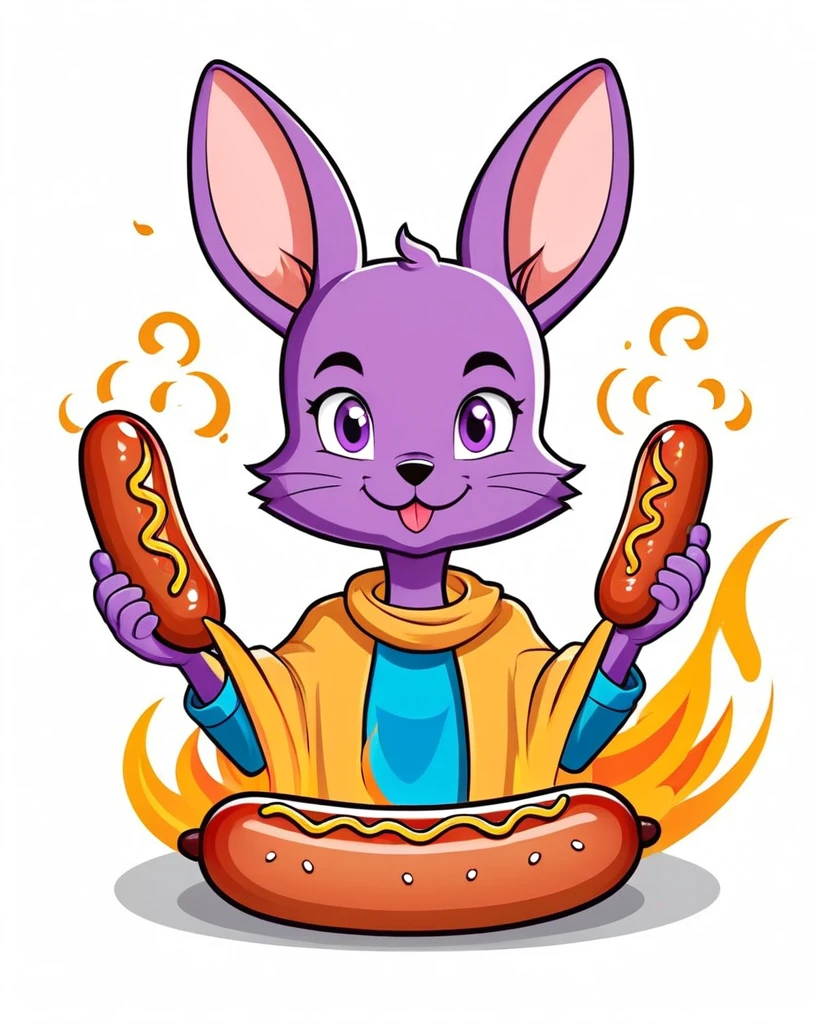 Create logo a sausage with Beerus and grill, BBQ, with some sausages on the fire, hot dog, cartoon illustration, HD illustration, Chorizo Sausage, sausage hair, Beerus, White background