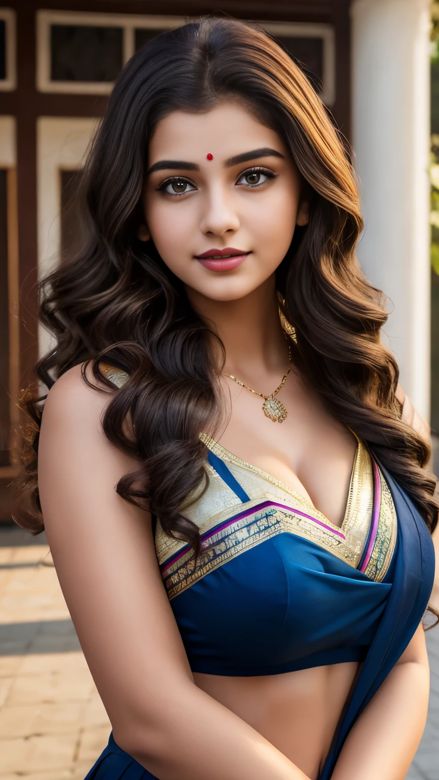 Outdoor image of 21yo in school school photo in school masterpiece, (photorealistic:1.7), best quality, beautiful lighting, Eleanor Ukraine girl dark lipstick 20yo Old Big Breasts Plus Size Model random colour beautiful eyes extremely high Bun long extreme curly hair Lifts wearing Indian saree.