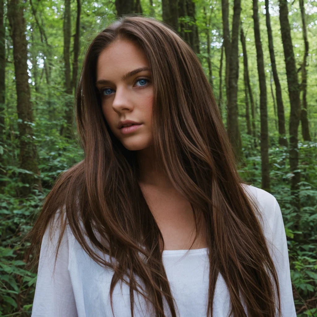 "The photograph shows a girl with long brown hair and blue eyes. She stands against the backdrop of a forest