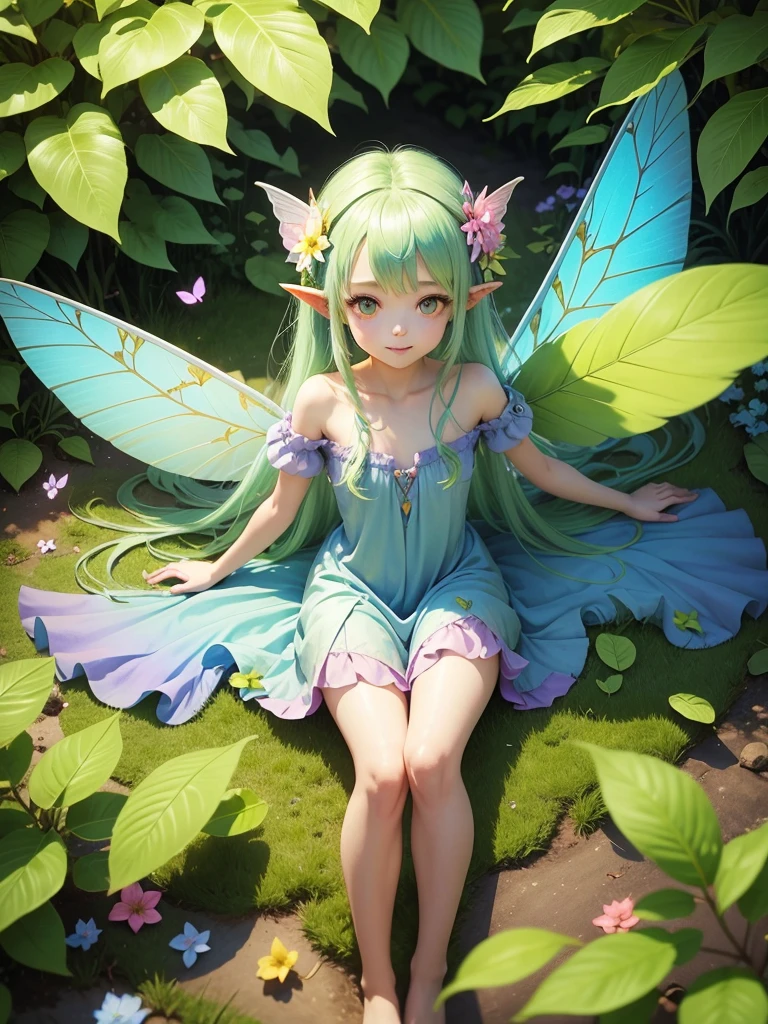 cute little Fairy, blue butterfly, yellowgreen hair, pink eyes,  yellowgreen dress pointy ears dress made of petals leaves long hair forward leaning posture leaf fairy flower clothes made of leaves thin wings gently smiling big leaves
