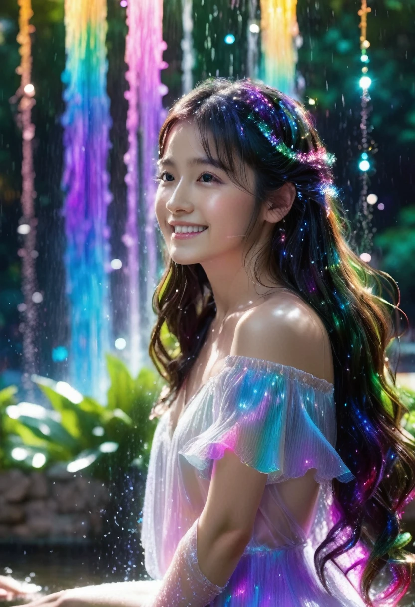 Dancing water columns of a fountain、A rainbow of sparkling light shines from the bottom of the water.,Beautiful rainbow-colored lights and various combinations of water columns,Colorful spotlight effects,Create unique patterns,A cute, beautiful girl with long hair is looking back at the foreground:1.5,Her long hair sparkles and sways in the light.,Create a colorful scene,Detailed fantasy digital art,Highly detailed digital art in 4K,fantasy art action、High-quality images、Great shots:1.5,