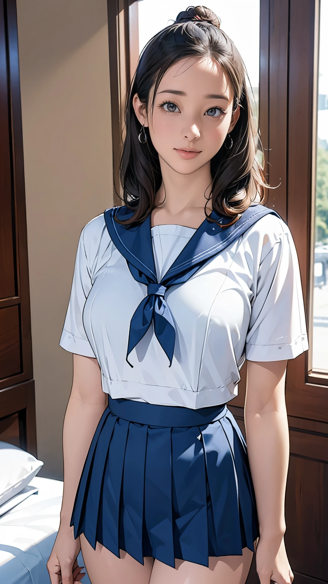 (masterpiece:1.2, Highest quality), (Realistic, photoRealistic:1.4), Beautiful illustrations, (Natural Side Lighting, Cinema Lighting), Written boundary depth, Beautiful thighs staring at the viewer, (Face Focus, Upper Body), 1 female，20-year-old，alone，（With background：Hotel Rooms） , Curly Hair, Medium Hair, Bun Hair, Forehead, Forehead, Forehead, Dark blue pleated skirt, Very big , Navy blue sailor collar, Sailor scarf, Earrings, Are standing, Bare thighs
