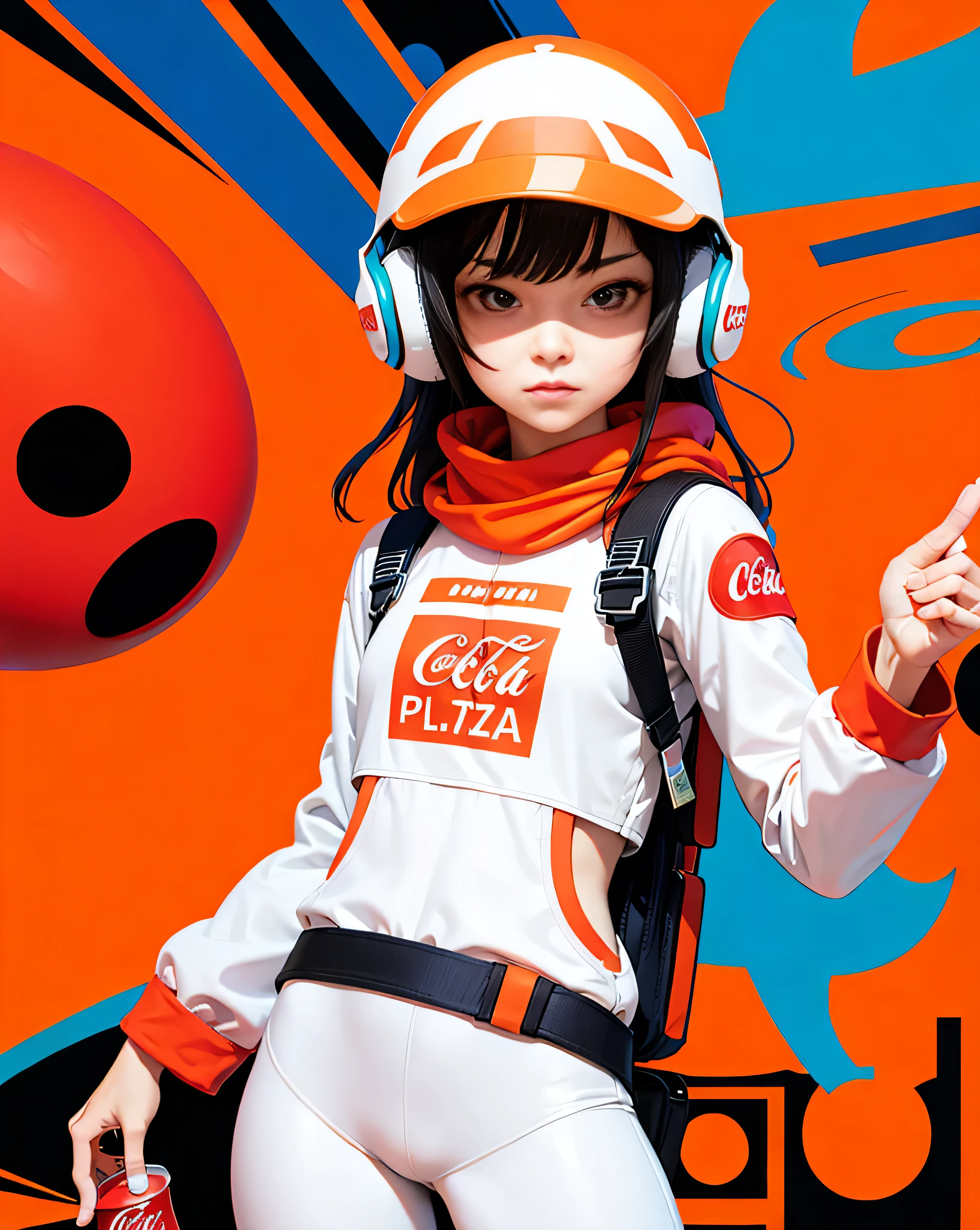 (Super detailed,Ultra-high resolution,Detailed Background),((2D)),((Flat Color)),((Calm colors)),((Floating Neon)),One girl,alone,View your viewers, break, orange, Spray paint, graffiti, Girl in a white space suit with a helmet, Plush scarf, Full body image, Adult female, anatomically perfect face, Focus on the face, Modern Style,Artistic,moving composition,Unique Pattern,Bold Texture,colorful,Imaginative,Whimsical,Vibrant,like々Shii,Playful,Lively,creative,Expressive,stylish,trend,Eating pizza、Coca-Cola Poster,Headphones,