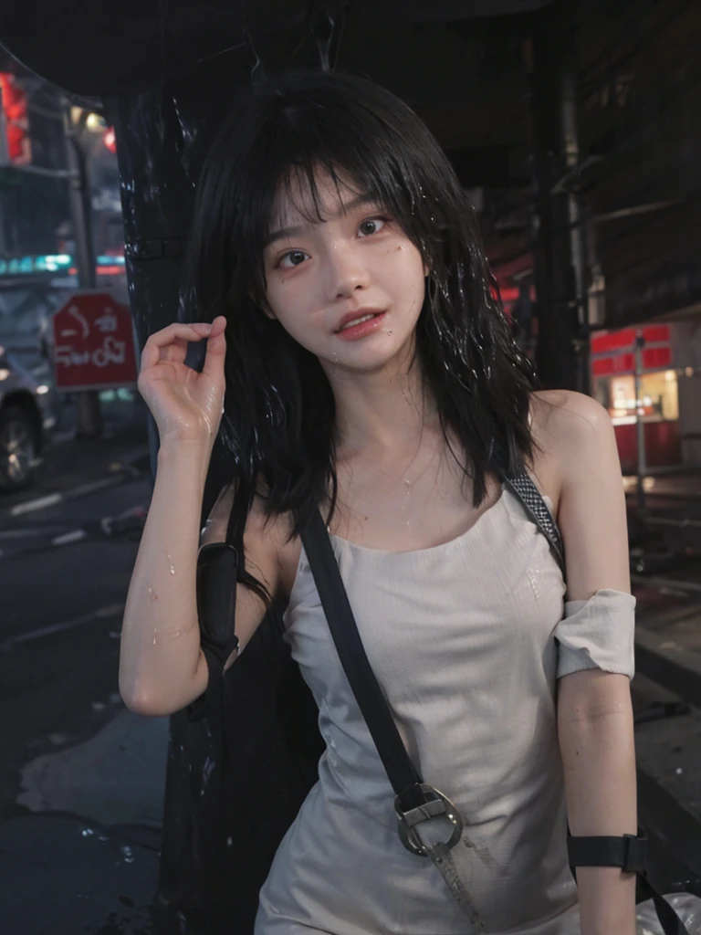best qualtiy, Ultra-high resolution, (realisticlying:1.4),1 girls ,Focus:1.2, perfect figure beautiful woman:1.4 , (Streets at night:1.3), Highly detailed facial and skin texture, Detailed eyes, double eyelid,Red lips,eye shadows,Whiten skin,(Air bangs:1.3),,(Thin strap top:1.4), (naked, wet ogasmic face:1.7)
