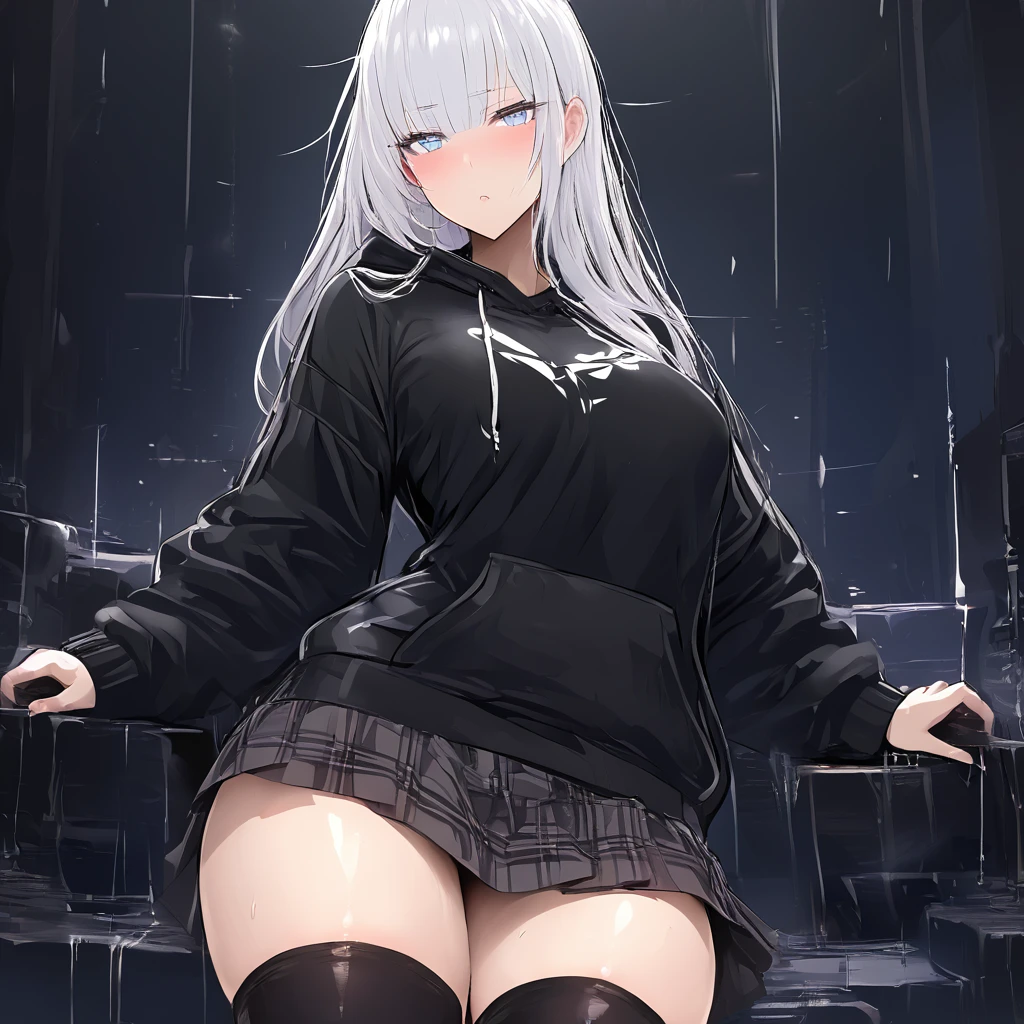 Masterpiece, Very detailed, Ultra-detailed, one beautiful woman, Beautiful woman - pleasant skin, Long platinum hair and bangs on the sides, bright eyes, big black hoodie, black thigh socks, skirt