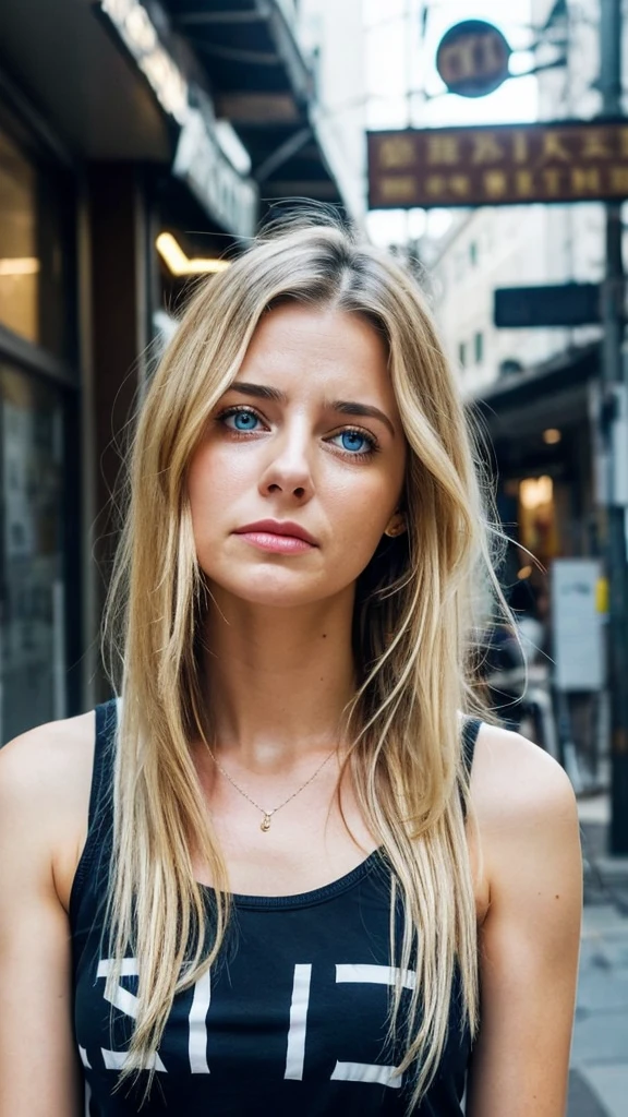 Emily, a young woman with clear blue eyes and tears streaming down her face, is crying out in distress. She has long, blonde hair styled in a casual, tousled look with natural waves and a healthy shine. She is dressed in a summer tank top. She is standing and holding a paper with the words "Invest Now or Face Financial Ruin" while looking extremely anxious and upset. The background is dark and gloomy, with warning signs and downward arrows indicating financial decline.
