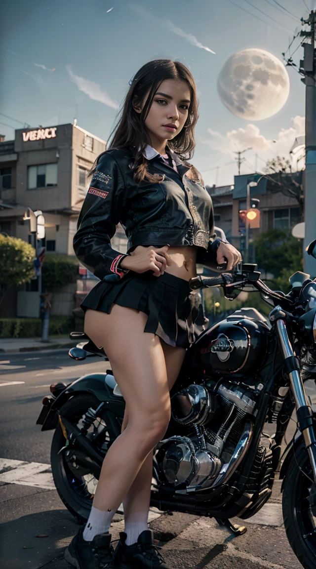 17-year-old Waifu  posando na frente de uma motocicleta futurista, the motorcycle has skulls and blue flames highly detailed 3D graphics, night scenery with full moon in the background, she is wearing a White SchoolUniform with 3D skulls and flames and Sailor Miniskirt, Pantyhose, HDR, epic realism, high-octane rendering, obra de arte,