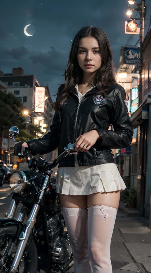 17-year-old Waifu  posando na frente de uma motocicleta futurista, the motorcycle has skulls and blue flames highly detailed 3D graphics, night scenery with full moon in the background, she is wearing a White SchoolUniform with 3D skulls and flames and Sailor Miniskirt, Pantyhose, HDR, epic realism, high-octane rendering, obra de arte,