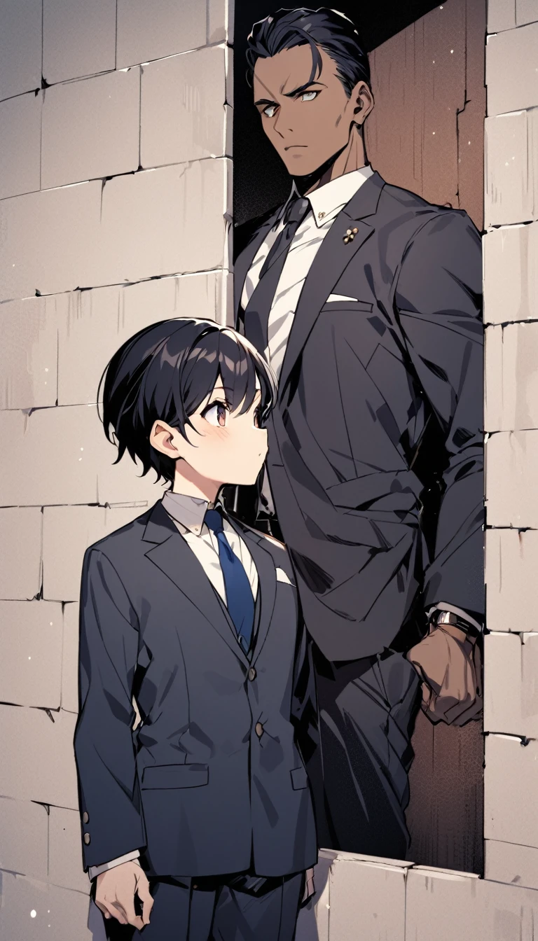 A boy in a suit，With a woman with her back to a thick square wall，