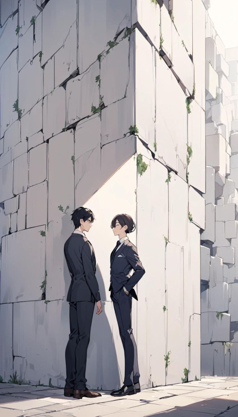 A boy in a suit,With a woman with her back to a thick square wall,