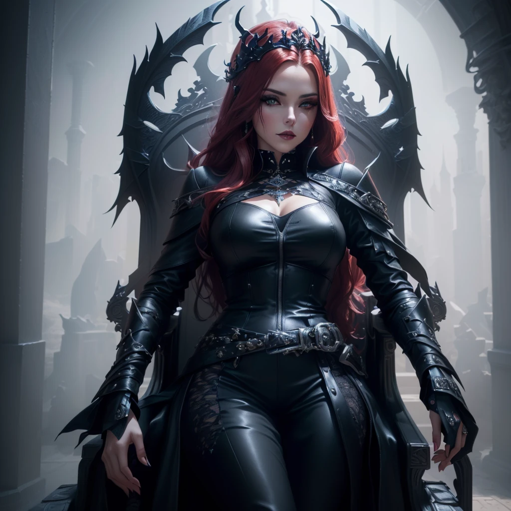 arafed woman in a black leather outfit standing in a throne, karol bak uhd, beautiful elegant demon queen, gothic fantasy art, 3 d render character art 8 k, seductive cyberpunk dark fantasy, dark fantasy style art, villainess has black angel wings, dark fantasy art, gothic fantasy, queen of the underworld, 4k fantasy art