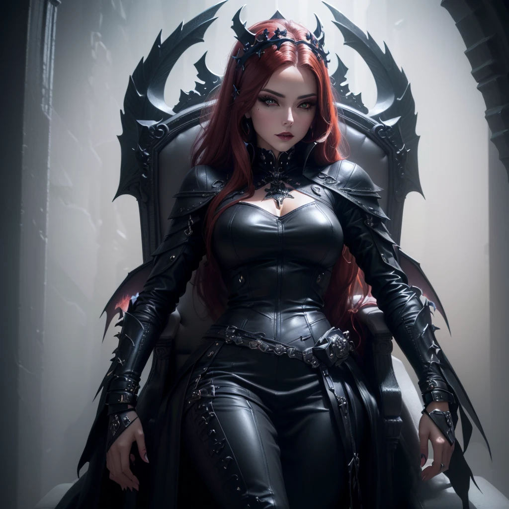 arafed woman in a black leather outfit standing in a throne, karol bak uhd, beautiful elegant demon queen, gothic fantasy art, 3 d render character art 8 k, seductive cyberpunk dark fantasy, dark fantasy style art, villainess has black angel wings, dark fantasy art, gothic fantasy, queen of the underworld, 4k fantasy art