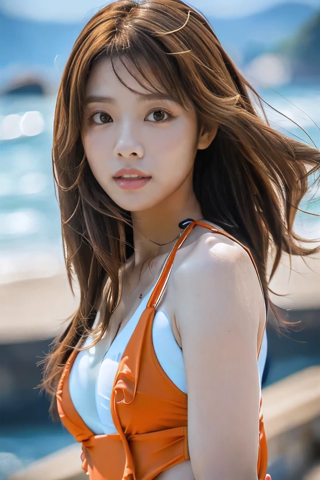 (My hair is damaged by the sea in midsummer:1.5)、(Troubled face:1.5)、(18-year-old female:1.5)、(The best quality at its best:1.4), (Super detailed), (Very detailed CG unified 16k), Beautiful woman with perfect figure: 1.4, Sharp focus: 1.2, Very detailed, High-quality RAW color photos, Professional photography, Great face and eyes, cosmetics, (Amazingly beautiful girl), ((Cute Swimsuit:1.5)), Realistic movie faces, Bust-up zoom shot, Realistic, ((Realistic natural orange red hairstyle)), ( Semi-long hair:1.5), Very beautiful face, Perfect model beauty, Mouth swelling, Highly detailed face and skin texture, Fine grain, double eyelid, Medium chest, (masterpiece), Highest quality, High resolution, Very detailed, Blurred Background, Depth of written boundary, Cinema Lighting, Great legs, , Clear, well-maintained skin,
