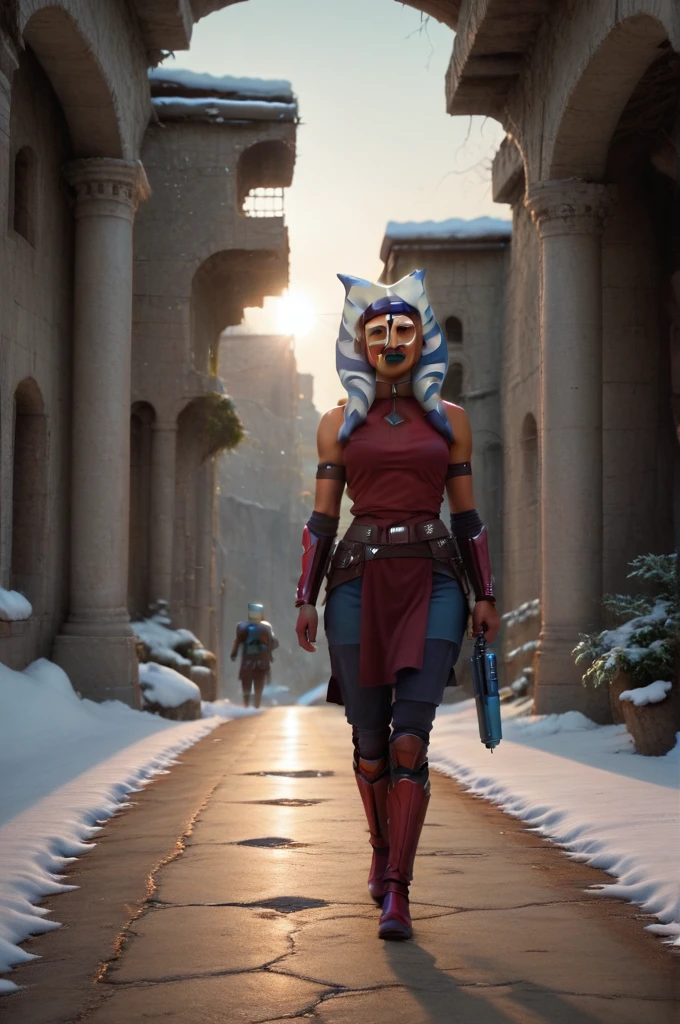 a ((fall body)) ((Ahsoka))) (()) (())mandalorian,walking on snow coverd ruins , ((green fire eyes )) , beautiful detailed eyes, beautiful detailed lips, extremely detailed face, long eyelashes, mandalorian armor, sci-fi, cinematic lighting, dramatic, epic, intricate details, hyper-realistic, 8k, high-quality, photorealistic
