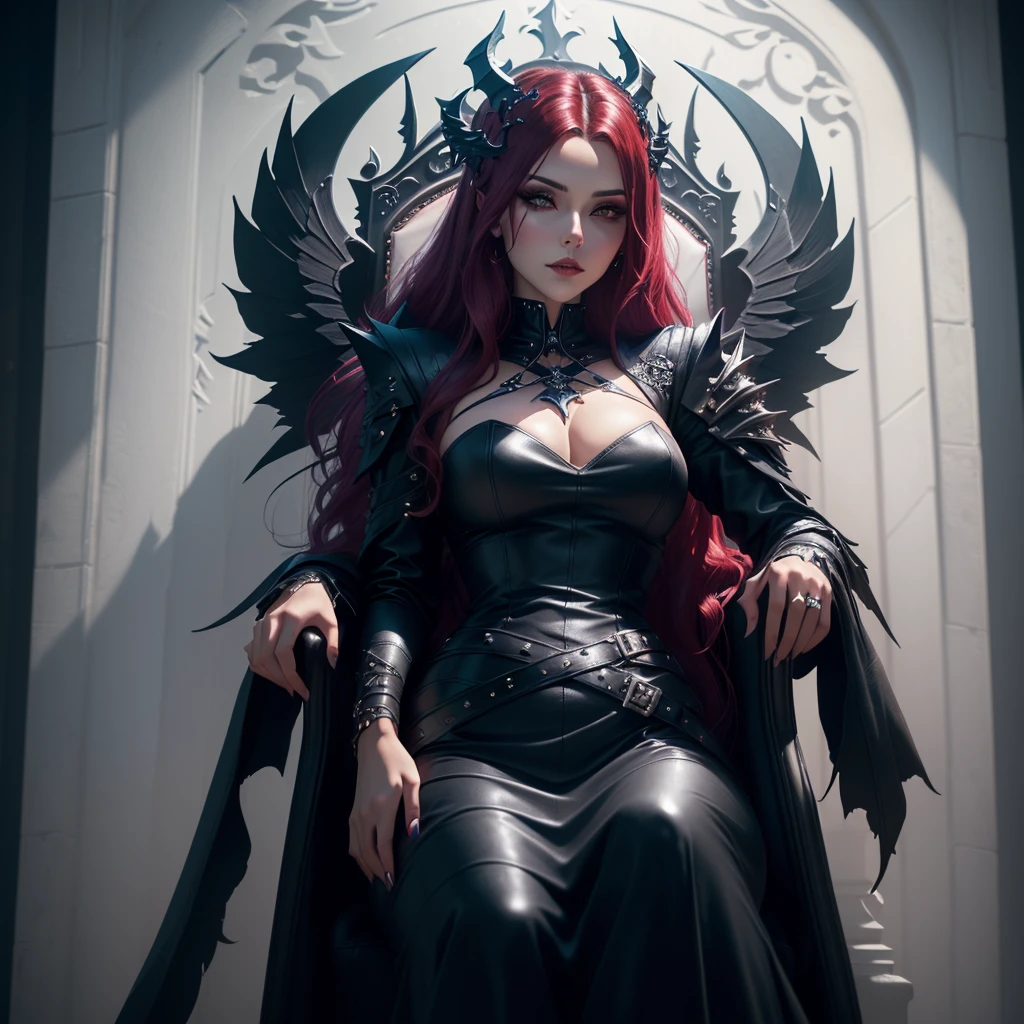 arafed woman in a black leather outfit standing in a throne, karol bak uhd, beautiful elegant demon queen, gothic fantasy art, 3 d render character art 8 k, seductive cyberpunk dark fantasy, dark fantasy style art, villainess has black angel wings, dark fantasy art, gothic fantasy, queen of the underworld, 4k fantasy art
