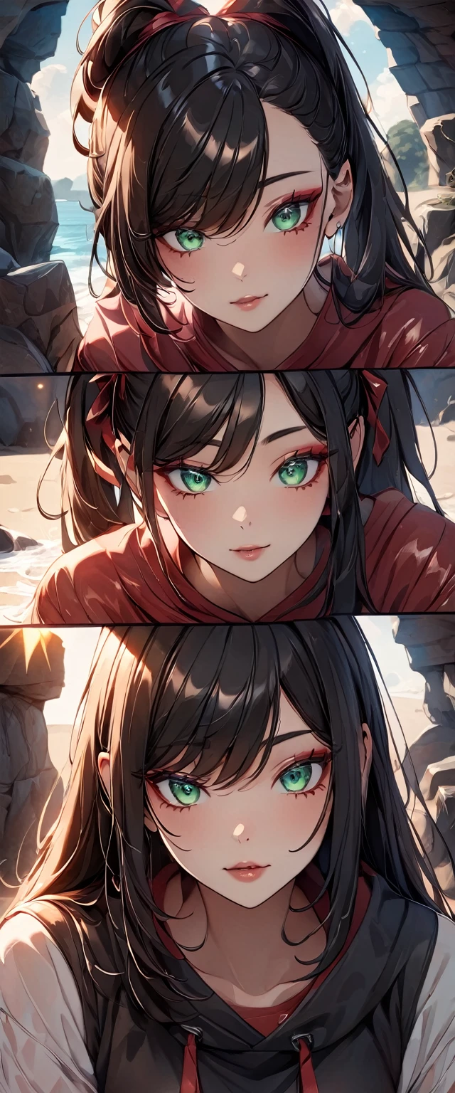 Photos of people with natural skin, , Transsexual, A person who mainly wears black and red, Upper Body, Seaside cave, The light is shining in, High Twintails, Black hair with red mesh, Sharp eyes with red eyeshadow, Blue-green eyes, Shining eyes, A thin, upturned nose, Well-shaped lips, ((crop top overhang, Thighs)), Makeup, Exquisitely crafted with the utmost attention to detail, Vibrant, amazing, Smooth, Cinematic, 4K, Backlight, (()), Shallow depth of field, ((Detailed eyes:1.3, Detailed lips:1.3, high quality, )), masterpiece, Super detailed images, High quality