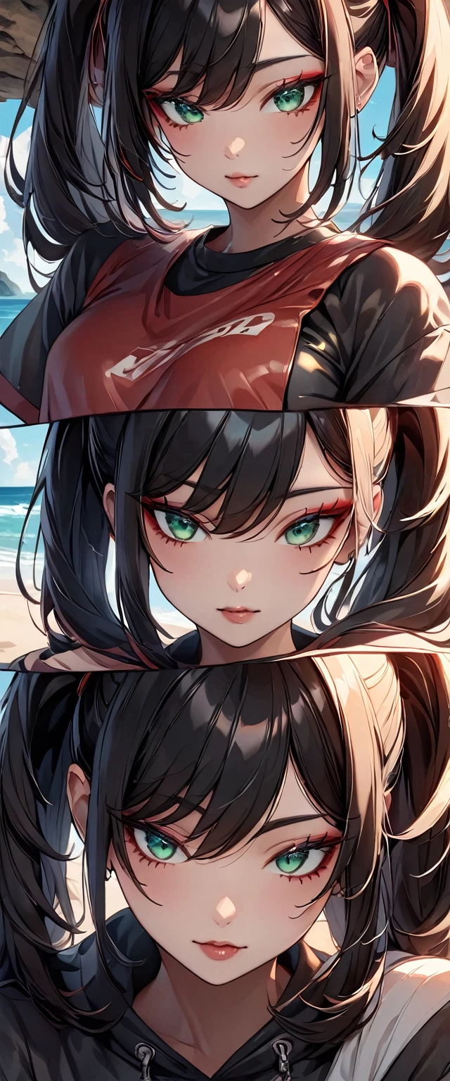 Photos of people with natural skin, Baby Face, Transsexual, A person who mainly wears black and red, Upper Body, Seaside cave, The light is shining in, High Twintails, Black hair with red mesh, Sharp eyes with red eyeshadow, Blue-green eyes, Shining eyes, A thin, upturned nose, Well-shaped lips, ((crop top overhang, Thighs)), Makeup, Exquisitely crafted with the utmost attention to detail, Vibrant, amazing, Smooth, Cinematic, 4K, Backlight, (()), Shallow depth of field, ((Detailed eyes:1.3, Detailed lips:1.3, high quality, )), masterpiece, Super detailed images, High quality