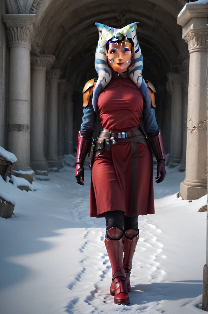 a ((fall body)) ((Ahsoka))) (()) (())mandalorian,walking on snow coverd ruins , ((green fire eyes )) , beautiful detailed eyes, beautiful detailed lips, extremely detailed face, long eyelashes, mandalorian armor, sci-fi, cinematic lighting, dramatic, epic, intricate details, hyper-realistic, 8k, high-quality, photorealistic
