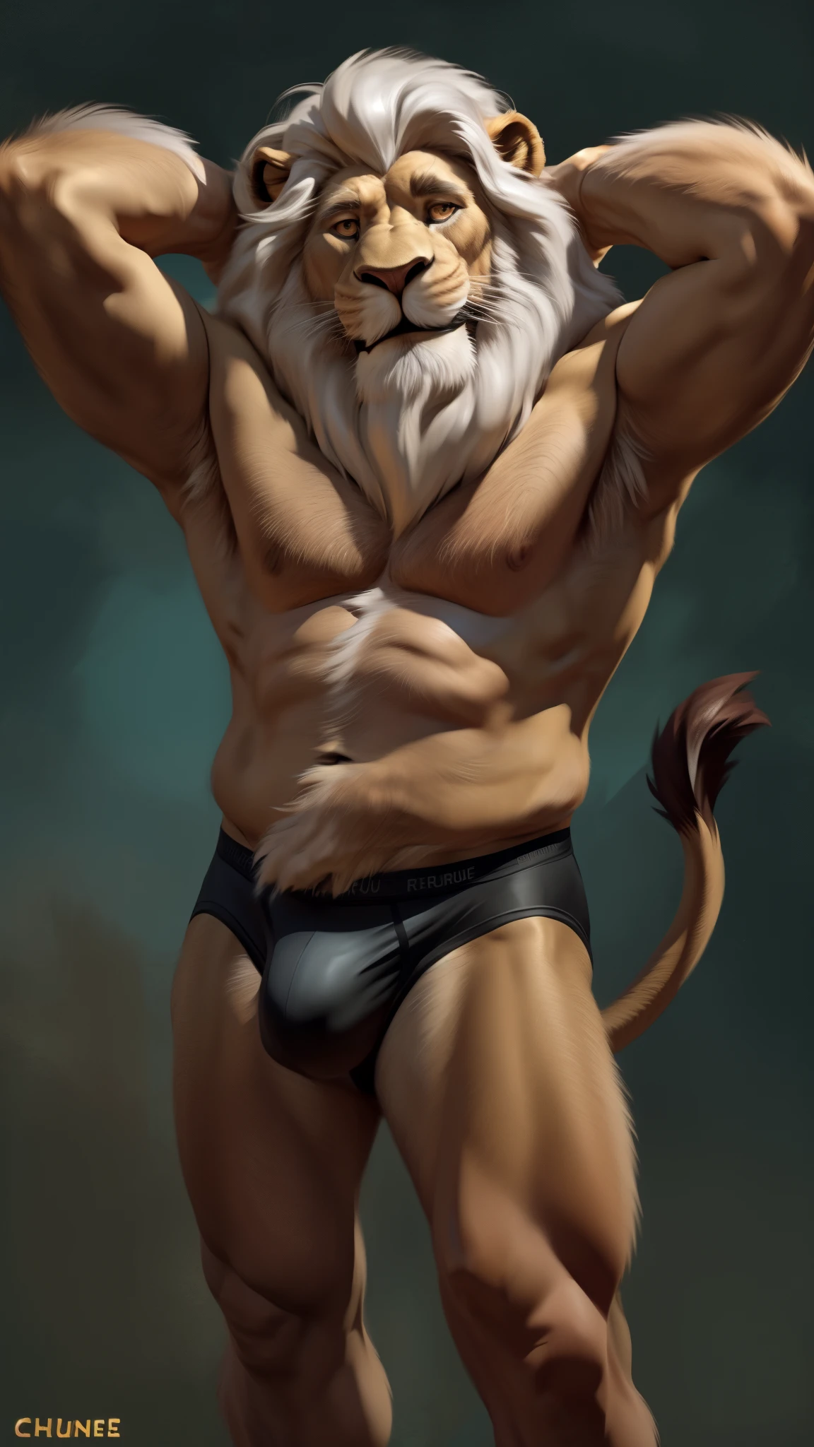 by chunie by catsudon by retros, male,ridiculuous,((Mature male)),((Bearded)),((Mustache)), felid, solo, ((Lion,tail)),(white silver hair), facial hair, facing viewer, ((Highly detailed face)), (((Grandpa Figure))), ((smilling)),(happy), red and orange abstract background, ((shirtless)),((black underwear)), smile, ((((wise)))),((DILF)),((armpit))
