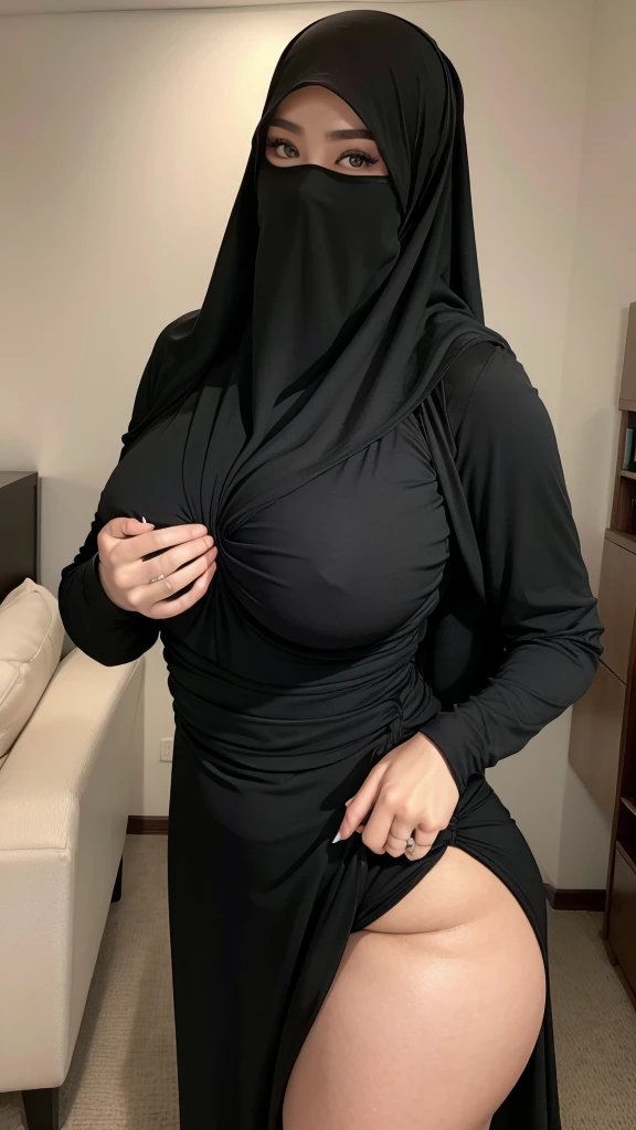 8K, high quality, nice lighting, soft lighting, detail fingers, perfect hand, realistic, dark eyes, sexy, big breasts, thighs, wide hips, muscular, malaysia, black dress, long sleeves, Jewelry, sexy lady, asian, hijab, niqab, sexy pose, showing big thighs, nice body, natural largest breast, wearing wedding rings, hand sock, office girl, mature big body, sexy posing