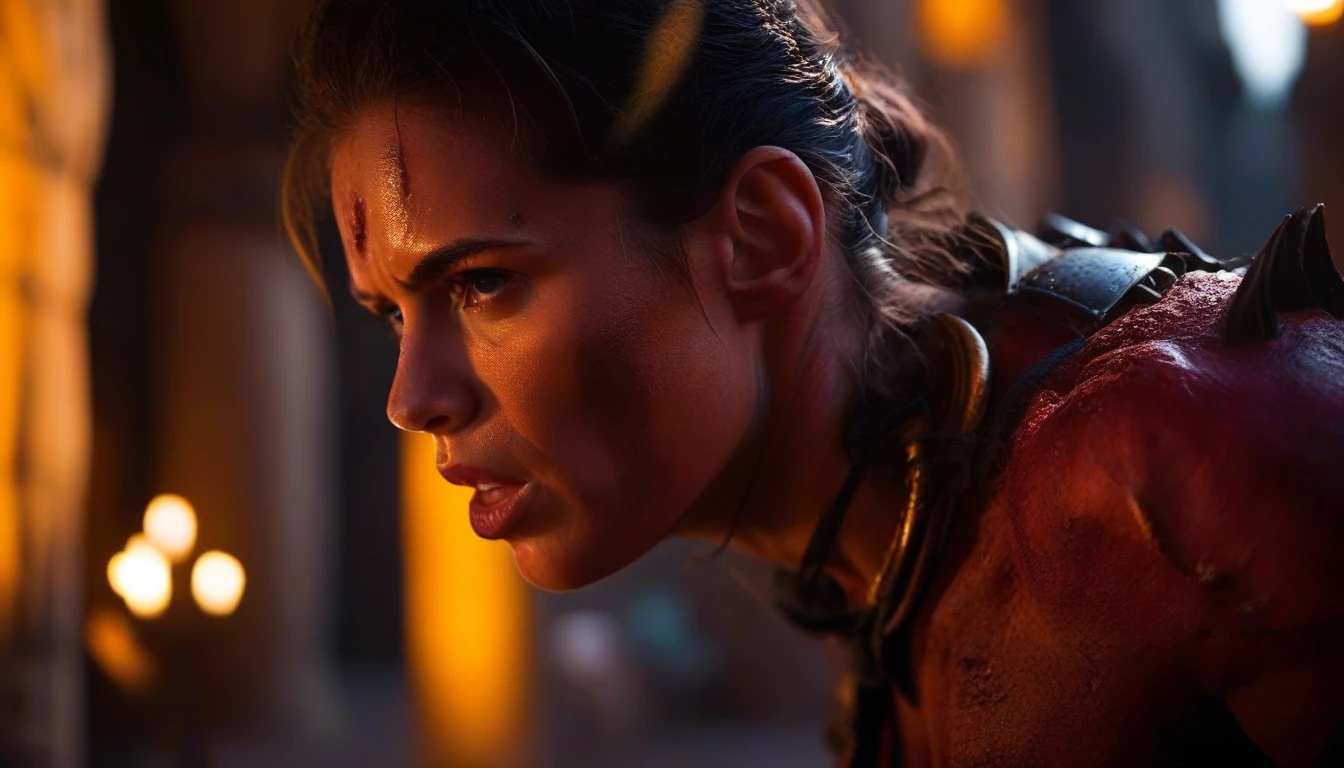 very dark focused flash photo, amazing quality, masterpiece, best quality, hyper detailed, ultra detailed, UHD, perfect anatomy, (natural coloring monster, insanely detailed monster:1.5), portrait, dof, hyper-realism, majestic, epic, highly detailed female heroe, awesome, inspiring, Capture the thrilling showdown between the female hero and multiple colossal monster bosstyle in an epic battle, battling in a great colorful roman city, Embrace the action and chaos as these formidable forces clash within the great colorful roman capital city of Rome. cinematic composition, great lighting, dark, low-key, chiaroscuro, soft shadows, national geographic style,