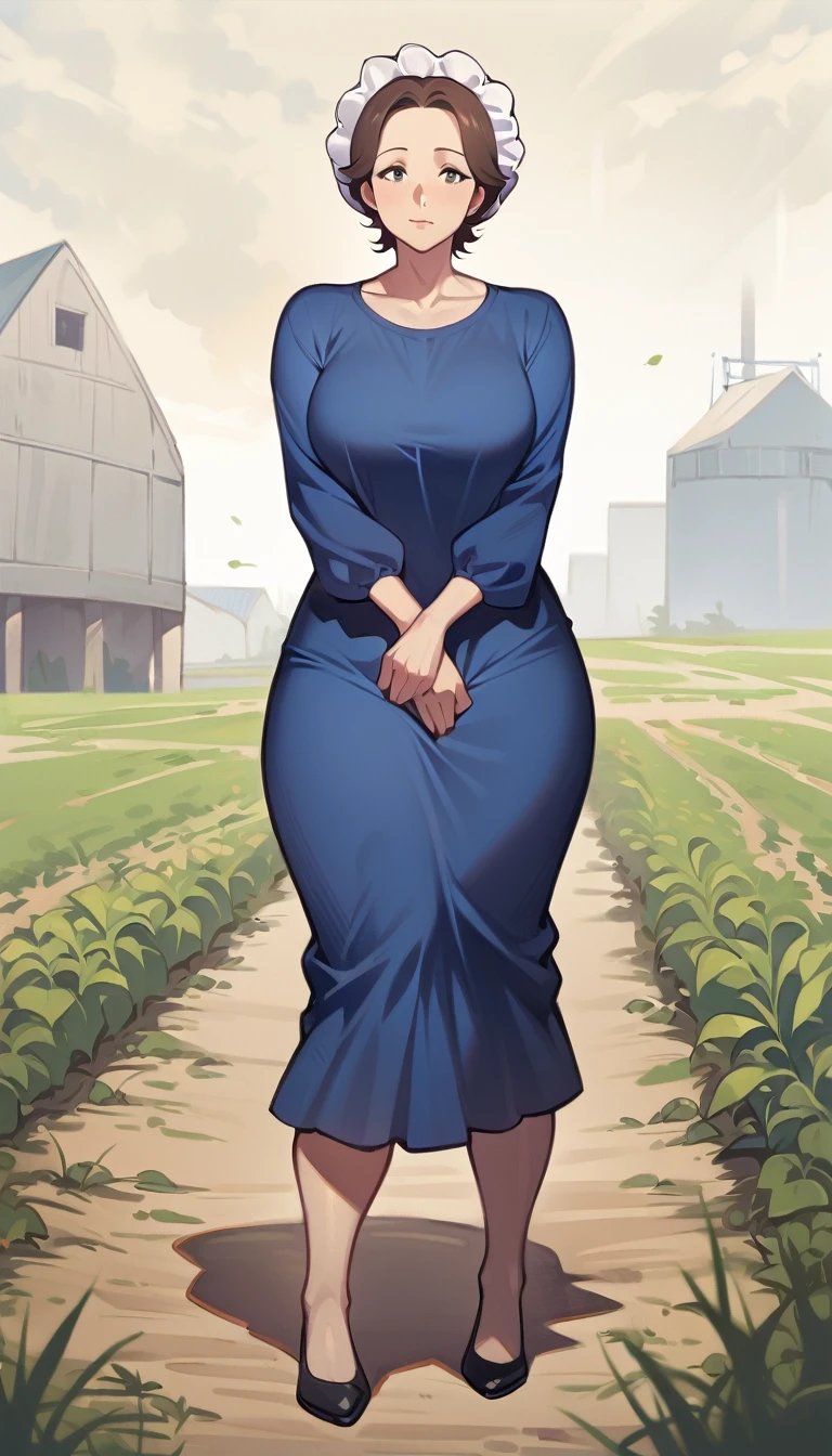 1woman, mature adult amish woman, 40 years old, pale skin, long sleeved blue dress with exposed collarbone, she wears small black apron over her blue dress, full body shown, very short brown hair, forehead exposed, big forehead, white bonnet kapp that covers a majority of her hair, wide hips, thick thighs, wearing simple black flats, thick legs, slightly below the knee dress, slight face wrinkles, tight sleeves, standing upright in a farm field, no makeup, hands on lap, side view, aged face, busty, rosy cheeks