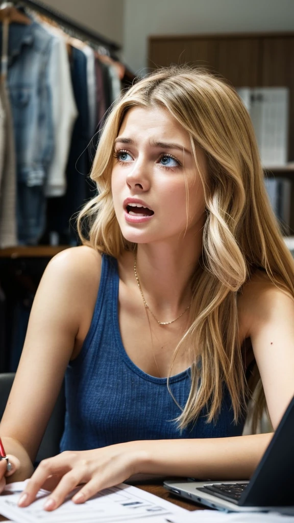 Emily, a distressed young woman with clear blue eyes and tears running down her cheeks, is screaming in fear. She has long, blonde hair styled in a casual, tousled look with natural waves and a healthy shine. She is dressed in a summer tank top. She is sitting at a table, surrounded by financial documents and investment pamphlets, with her head thrown back in anguish. The background is dark, with red warning symbols indicating financial trouble.
