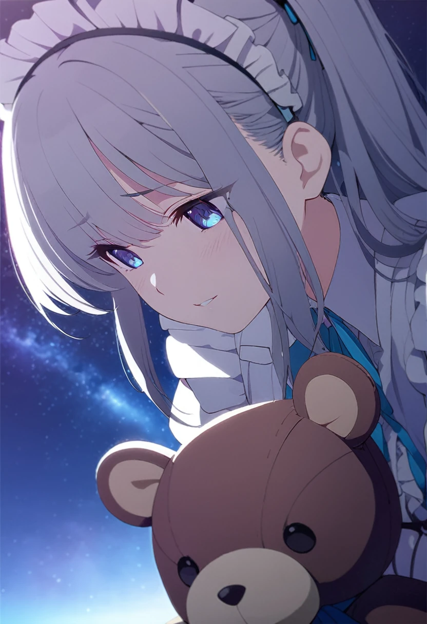 (((masterpiece))), (((best quality))),(((high detail))),light manipulation, girl with long silver hair, gradient purple to sky blue eyes, wearing a maid outfit, galaxy background, holding a teddy bear, feet, no footwear, straight face, standing, close up