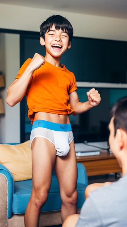 Japanese men、、Muscles and smooth skin、Very short black hair、A relaxed and friendly smile、Orange and blue boxer briefs、The whole body is well visible、Fist pump in the living room、Laughing with mouth open、