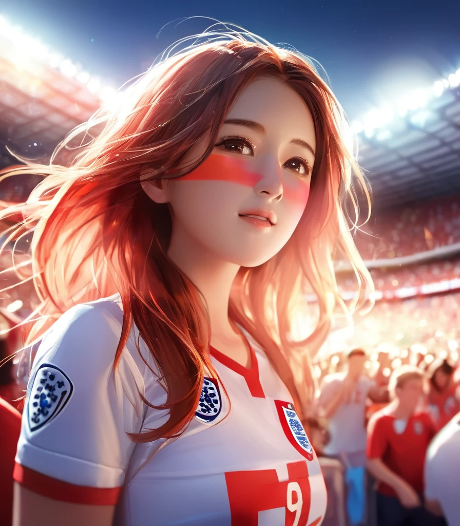Neon and unique bring out the best quality, Paint your face in the colors of the England flag, Group of cute young hardcore football fans wearing England football jerseys，Standing in the stadium stands, Harry Kane celebrates scoring a goal, Flowing hair, natural face, Dark Lights, Supporter atmosphere, Prism lens flare effect, Motion Blur, Sports angle shooting style, Extremely detailed, Realistic skin, Exterior