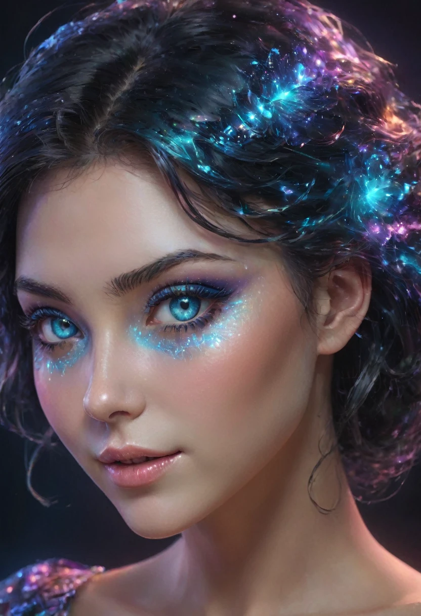 Une femme sublime d’une intense sensualité, Maginifique, cheveux longs de couleur noirs profond, ses yeux bleus ont l'image de holographic earth, eye-liner noir, regard intense et vif,  inspire une grande confiance en elle,  légé sourire, poitrine ronde et galbée effet push-up, robe en satin