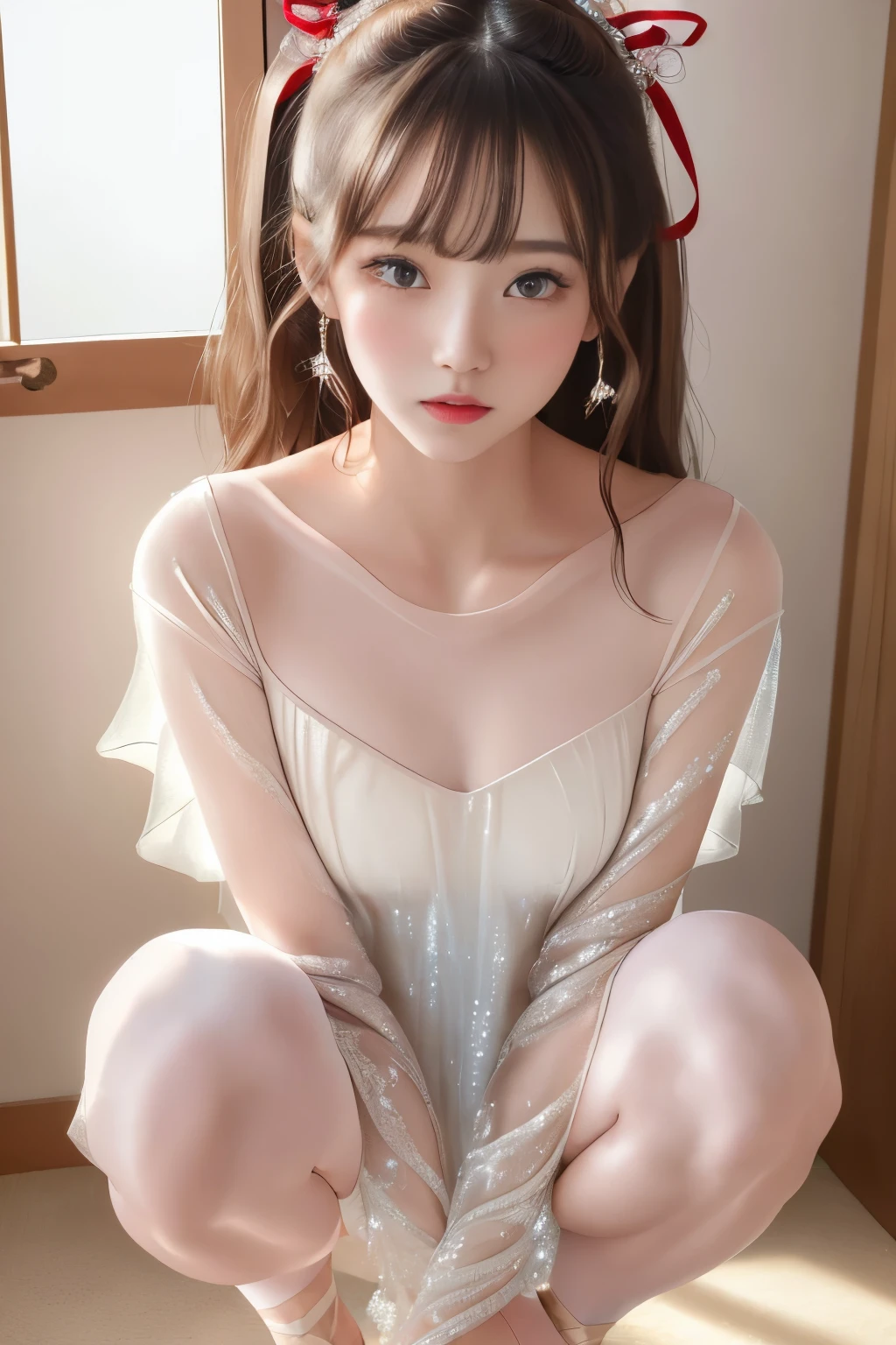 Sleeping Girl, 18 years old, Realistic, Wearing gold panties and transparent nightgown, Open legs, Expressions of satisfaction and relief, Brown hair. Pink bed theme and some cute stuffed animals on the bed,An ultra-high picture quality,high-detail,Happened