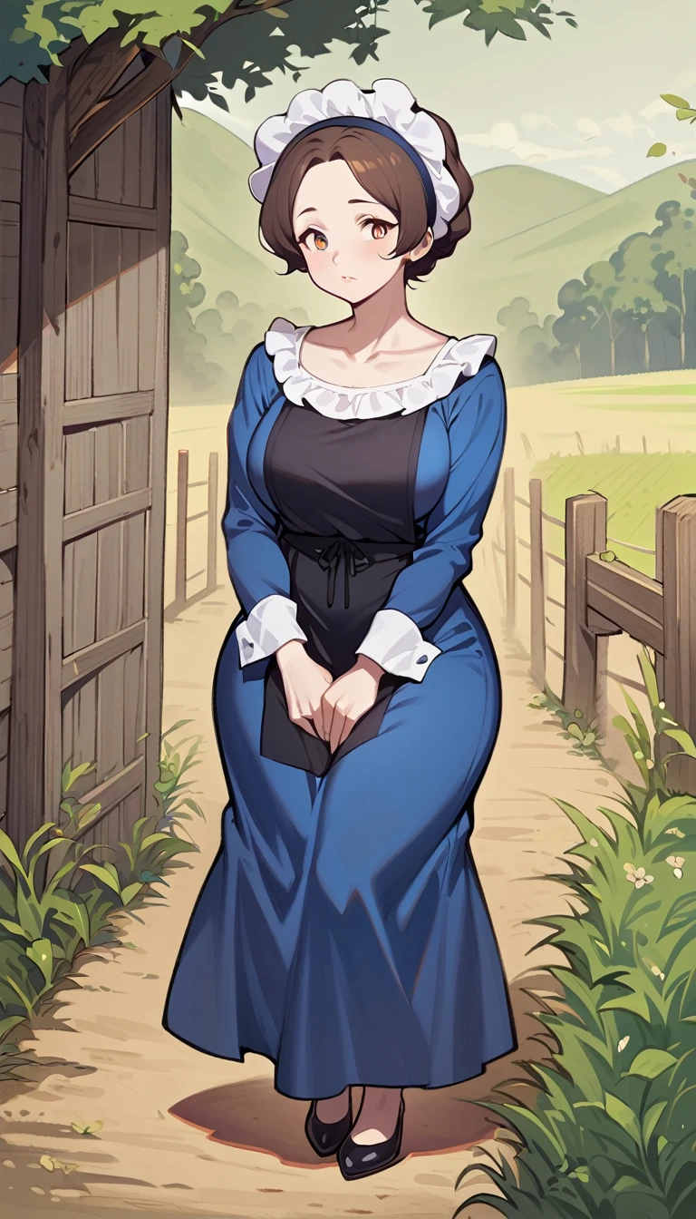 1woman, adult amish woman, 40 years old, pale skin, long sleeved blue dress with exposed collarbone, she wears small black apron over her blue dress, full body shown, very short brown hair, forehead exposed, big forehead, white bonnet kapp that covers a majority of her hair, wide hips, thick thighs, wearing simple black flats, thick legs, slightly below the knee dress, slight face wrinkles, tight sleeves, standing upright in a farm field, no makeup, hands on lap, side view, aged face, busty, rosy cheeks
