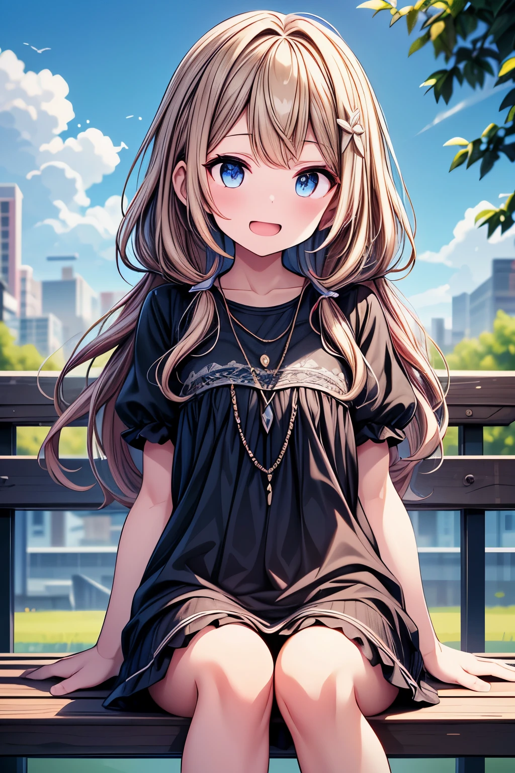 2 girls, sitting on a park bench, Sit and eat ice cream, とてもlol顔, Open your mouth, close ~ eye, lol, noon, Bright sky, masterpiece, 超High resolutionと鮮やかな色彩にこだわった, Very detailed, Attention to detail, Highest quality, 8k, 16K, Exquisite detail, A style that combines romanticism and realism, High resolution, Perfect Anatomy, blur background, Bokeh