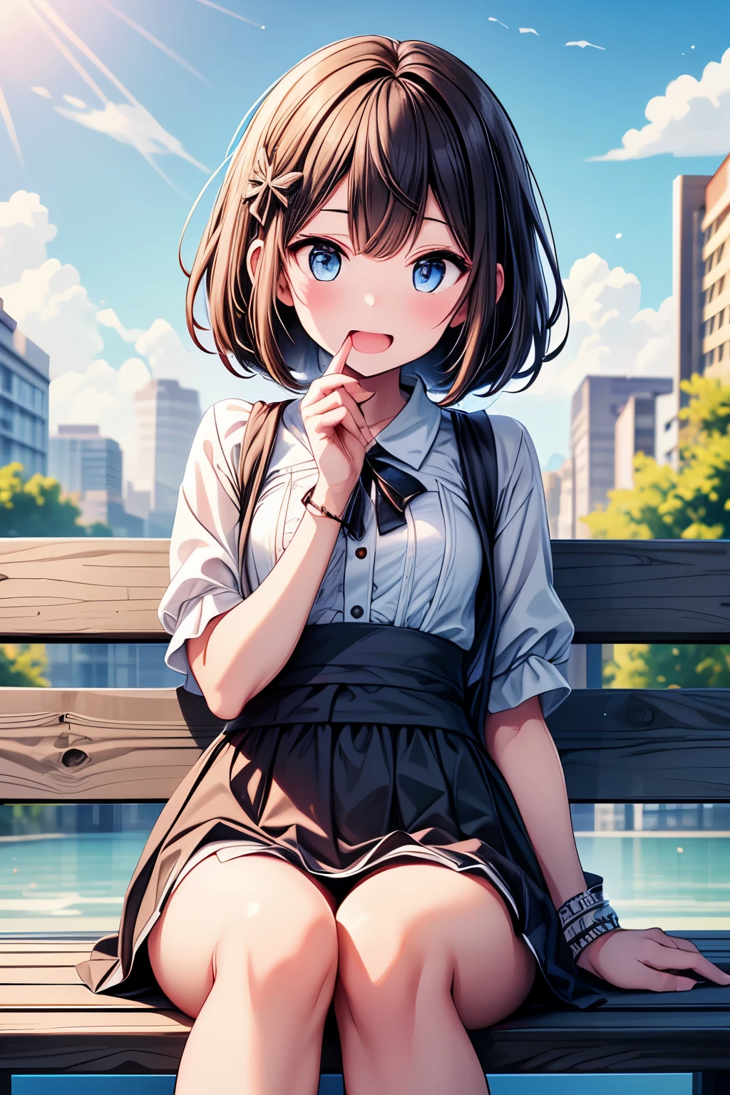 2 girls, sitting on a park bench, Sit and eat ice cream, とてもlol顔, Open your mouth, close ~ eye, lol, noon, Bright sky, masterpiece, 超High resolutionと鮮やかな色彩にこだわった, Very detailed, Attention to detail, Highest quality, 8k, 16K, Exquisite detail, A style that combines romanticism and realism, High resolution, Perfect Anatomy, blur background, Bokeh