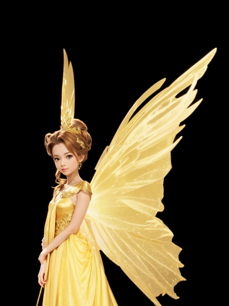 A beautiful fairy queen, in a golden dress, with golden wing, tied brown hair