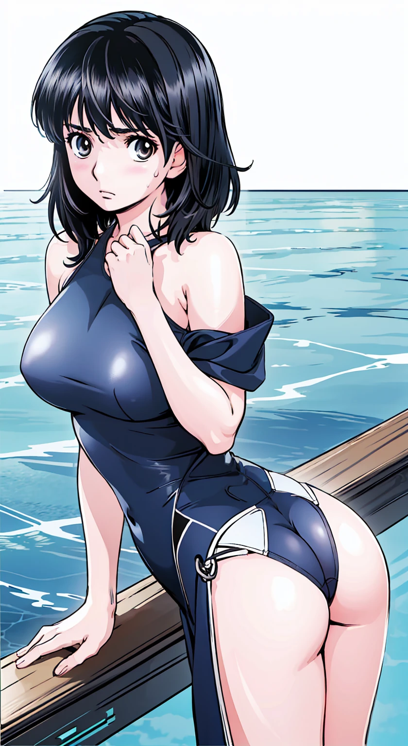 Black Hair、(Shoulder-length hair、Black Hair)、Navy blue competitive swimwear、(Highest quality:1.3)、One girl、(((Shoulder-length hair、Black Hair)))、Cowboy Shot、At the school pool、Naked butt、Big Ass、Sweat、masterpiece, Highest quality, High resolution, 超High resolution, RTTX 10.0, Pixel perfect, Written boundary depth, 4K, Very detailed、Embarrassed expression、Browsing Caution、Open navy blue swimsuit、