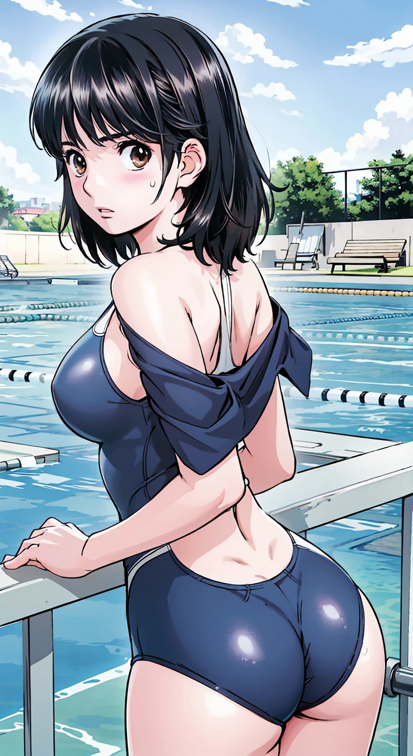 Black Hair、(Shoulder-length hair、Black Hair)、Navy blue competitive swimwear、(Highest quality:1.3)、One girl、(((Shoulder-length hair、Black Hair)))、Cowboy Shot、At the school pool、Naked butt、Big Ass、Sweat、masterpiece, Highest quality, High resolution, 超High resolution, RTTX 10.0, Pixel perfect, Written boundary depth, 4K, Very detailed、Embarrassed expression、Browsing Caution、Open navy blue swimsuit、