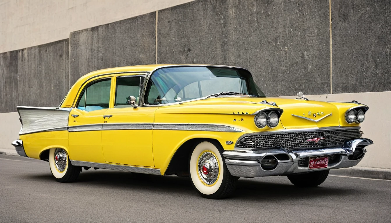 A yellow car with a retro design that evokes the era