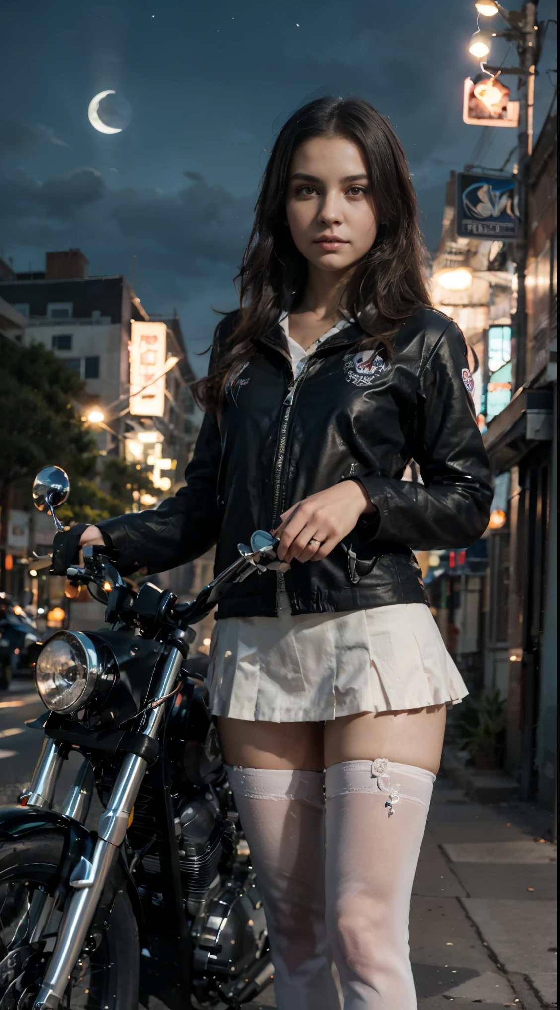 17-year-old Waifu  posando na frente de uma motocicleta futurista, the motorcycle has skulls and blue flames highly detailed 3D graphics, night scenery with full moon in the background, she is wearing a White SchoolUniform with 3D skulls and flames and Sailor Miniskirt, Pantyhose, HDR, epic realism, high-octane rendering, obra de arte,