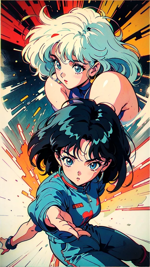 (80's, Retro, Poster:1.5), (masterpiece, 最high quality), (anime, figure), (pastel colour:1.4), Best Photo Poses, Dynamic Angle, high quality, High resolution, Attention to detail, Haruka is short, Shiny long black hair, Sharp brown eyes behind glasses, calm attitude. She is often seen looking immaculate in her .。, arrogant, above knees picture 80’s anime vintage style, Gray background