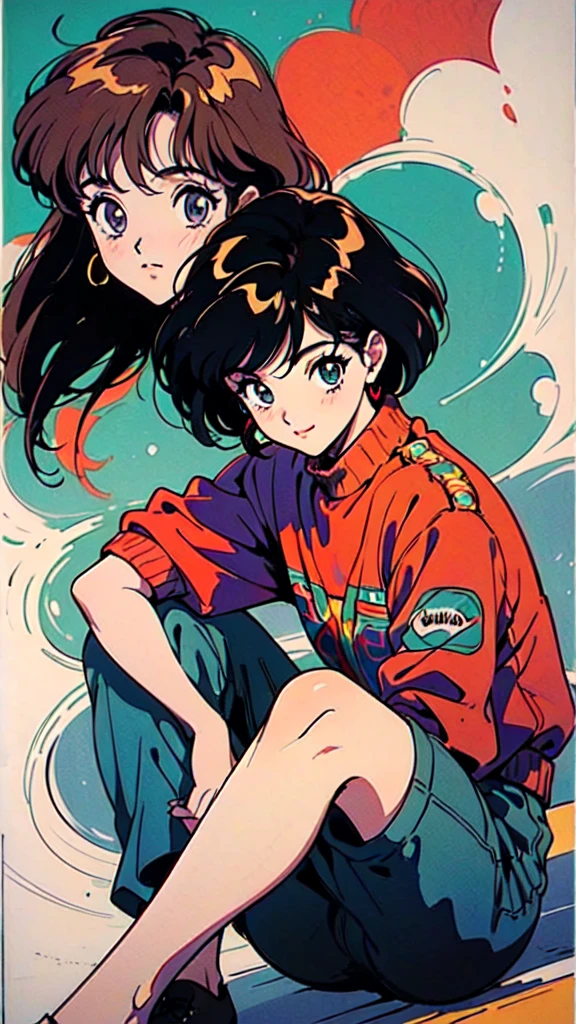 (80's, Retro, Poster:1.5), (masterpiece, 最high quality), (anime, figure), (pastel colour:1.4), Best Photo Poses, Dynamic Angle, high quality, High resolution, Attention to detail, Haruka is short, Shiny long black hair, Sharp brown eyes behind glasses, calm attitude. She is often seen looking immaculate in her .。, arrogant, above knees picture 80’s anime vintage style, Gray background