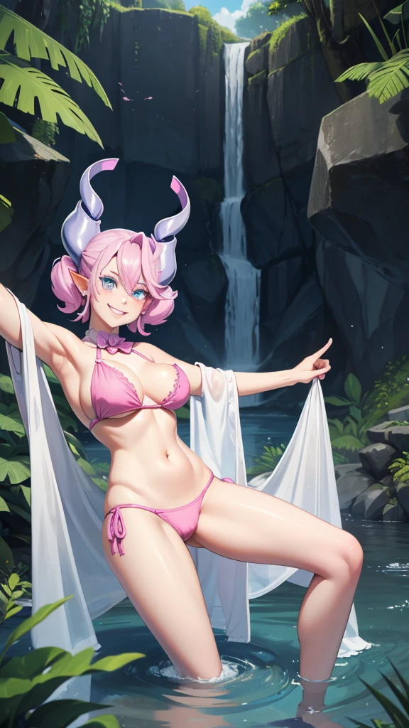Waterfalls High level image quality best image quality 8K adult woman background a lake in the middle of jungle outside more colors whole body view portrait wearing deep pink bikini pink horn ears short hair((shortcut)(gray hair)(perm)(fluffy)) eye color is blue , , attractive evil face , smile , sexy pose , labrynth , barearm , both arms up the head , wearing pink , standing ,