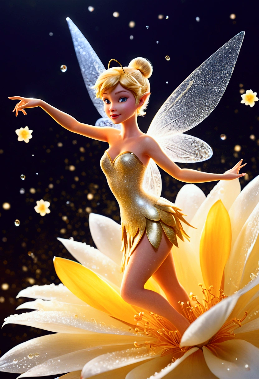 Illustration, ( bright resolution, Sitting on a large flower petal covered in fresh morning dew on a clear day, Tinkerbell in fluorescent white and gold_Upper body close-up angle ), A variety of small flowers and plants made of light, Ultrafine particles shining in the air_Mysterious background with small particles of natural light emitting light, ultra high resolution, 8k, Very detailed details, Product detailed image, surreal photo, the greatest masterpiece:1.2, A shining aura spreading in the air,