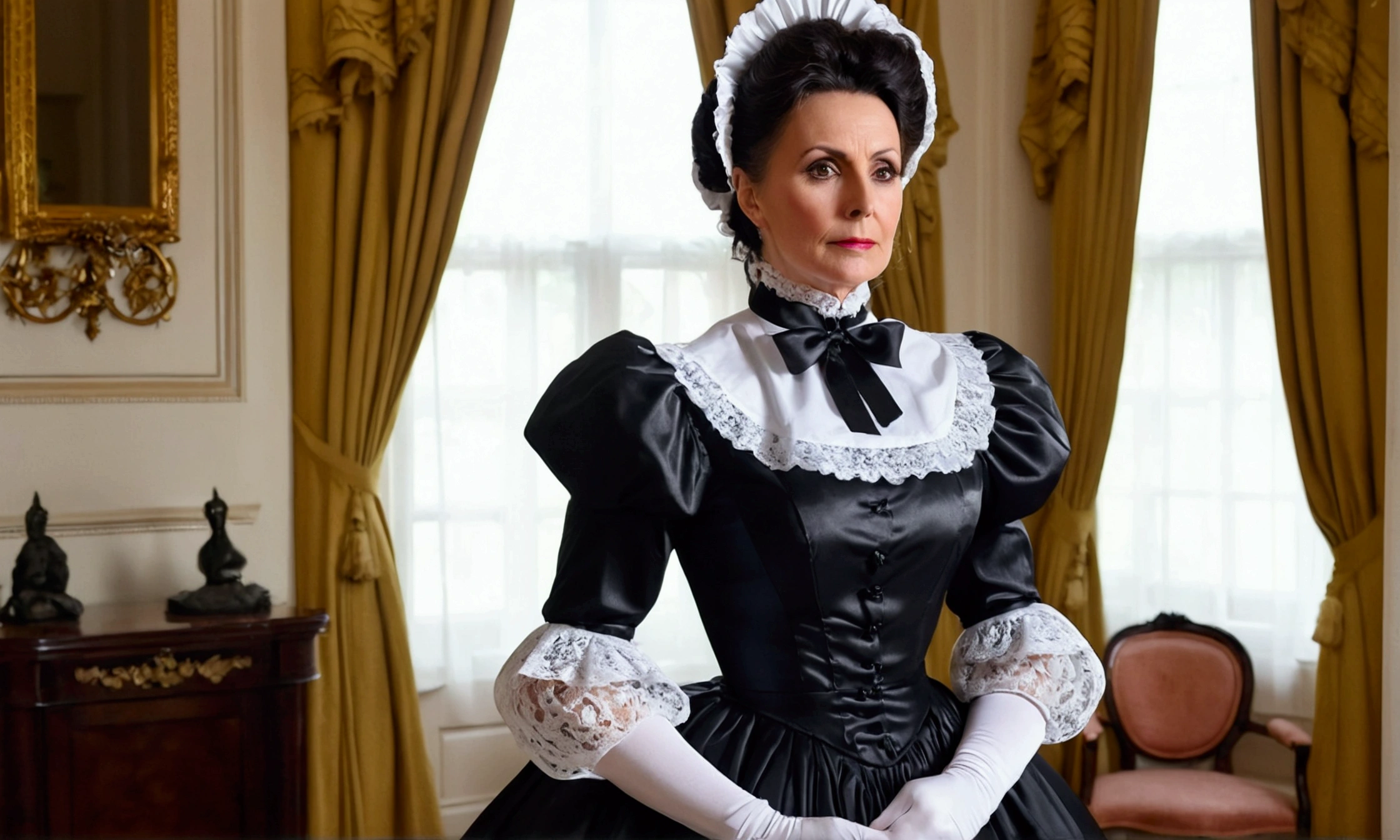 attractive mature friendly brunette lady with bold makeup and fantastic figure wearing a very stringent period correct Victorian maid uniform with massive crinoline, high neckline, tall collar and puff sleeves. heavy duty stiff shiny black satin and frilly white lace. at Carlton Towers guest suite. oblique view